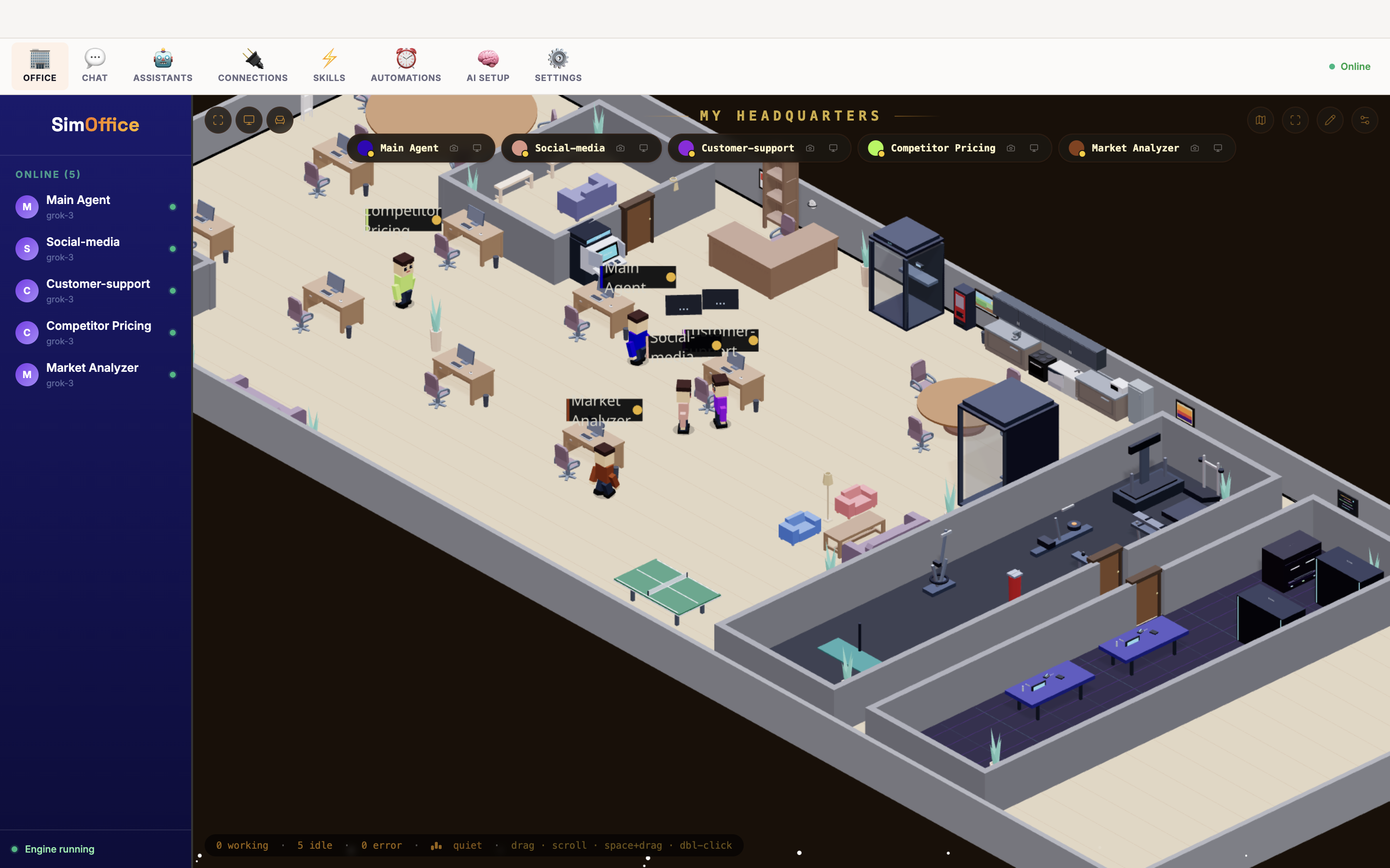 SimOffice 3D virtual office with AI agents working